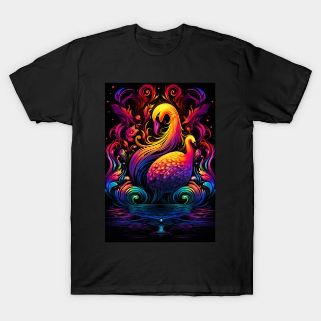 Psychedelic Trippy UV Swan Design T-Shirt by RichieDuprey